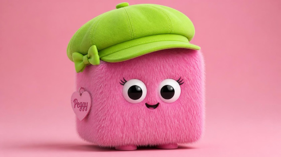Peggy, a fuzzy pink cube wearing a lime green newsboy cap